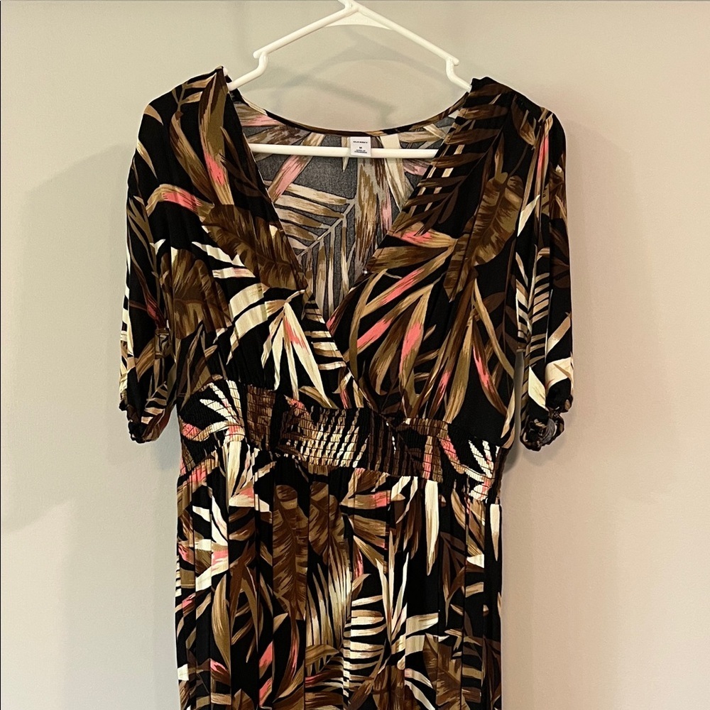 Old Navy - M, brown, cream,‎ pink palm and leaf print dress